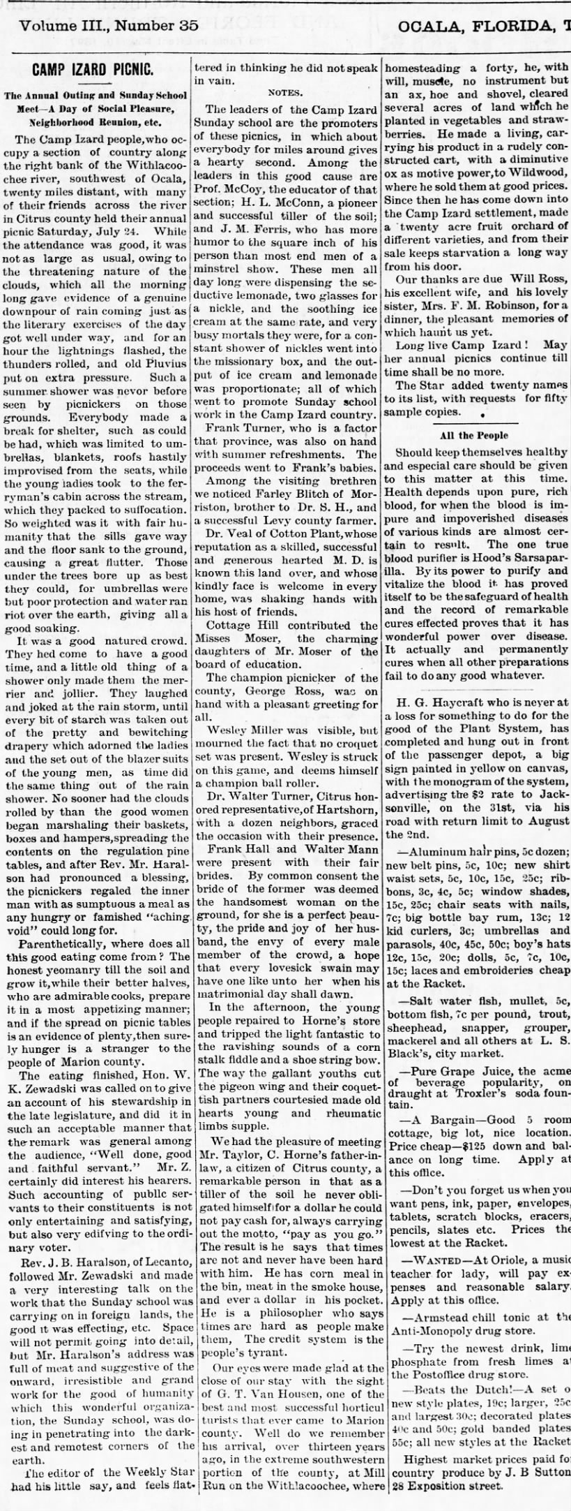 The Ocala Evening Star. (July 27, 1897). Camp Izard Annual Picnic, 1897