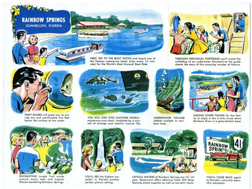 Vintage Rainbow Springs brochure advertising underwater boats and tourist attractions near Dunnellon, Florida
