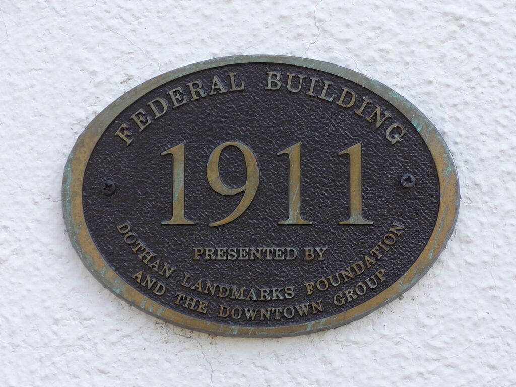 Close-up of the courthouse's historic sign marking the completion of the building in 1911.