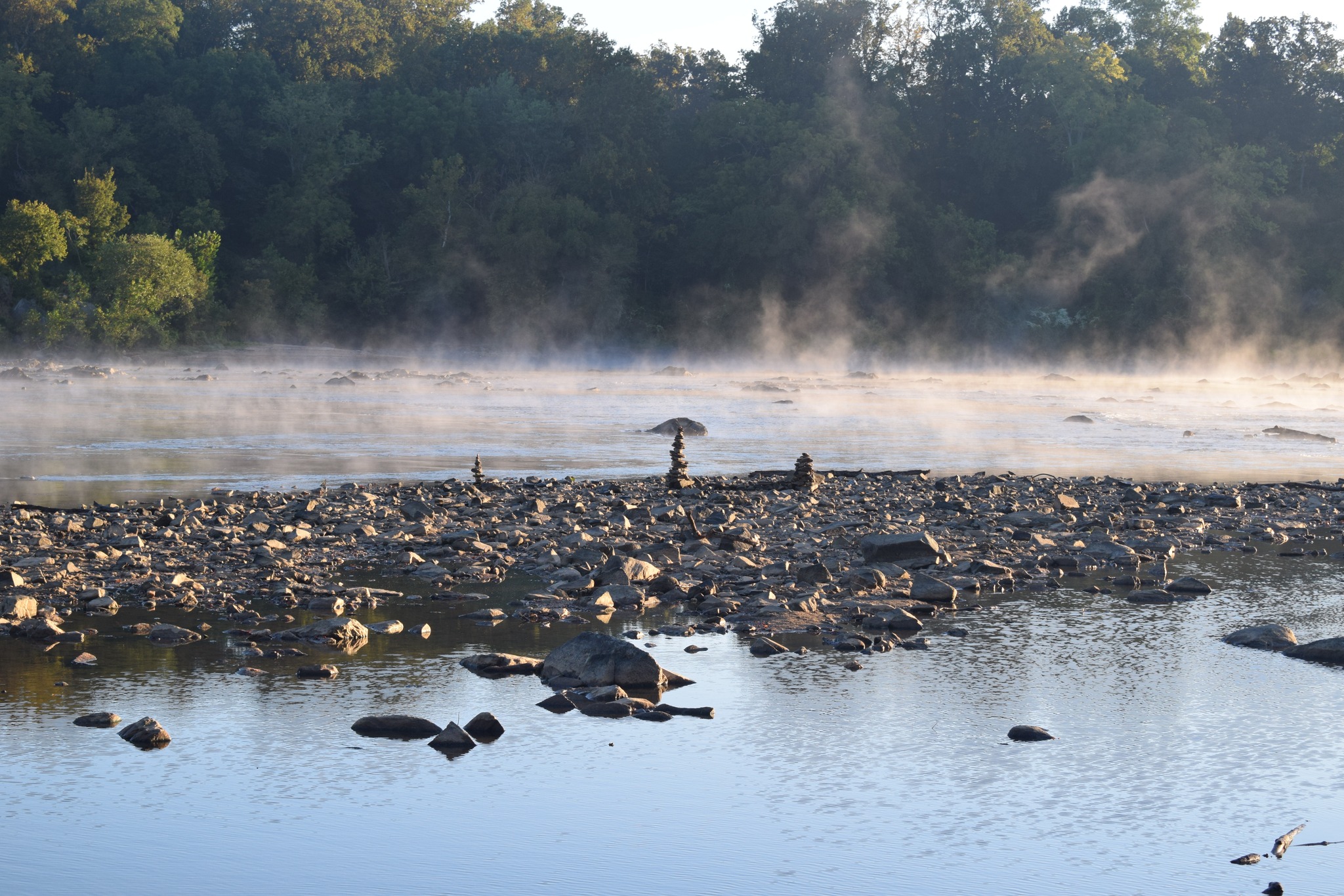 Fog drifting over the Potomac River at sunrise, soft golden light illuminating the still water and rocky shoreline.