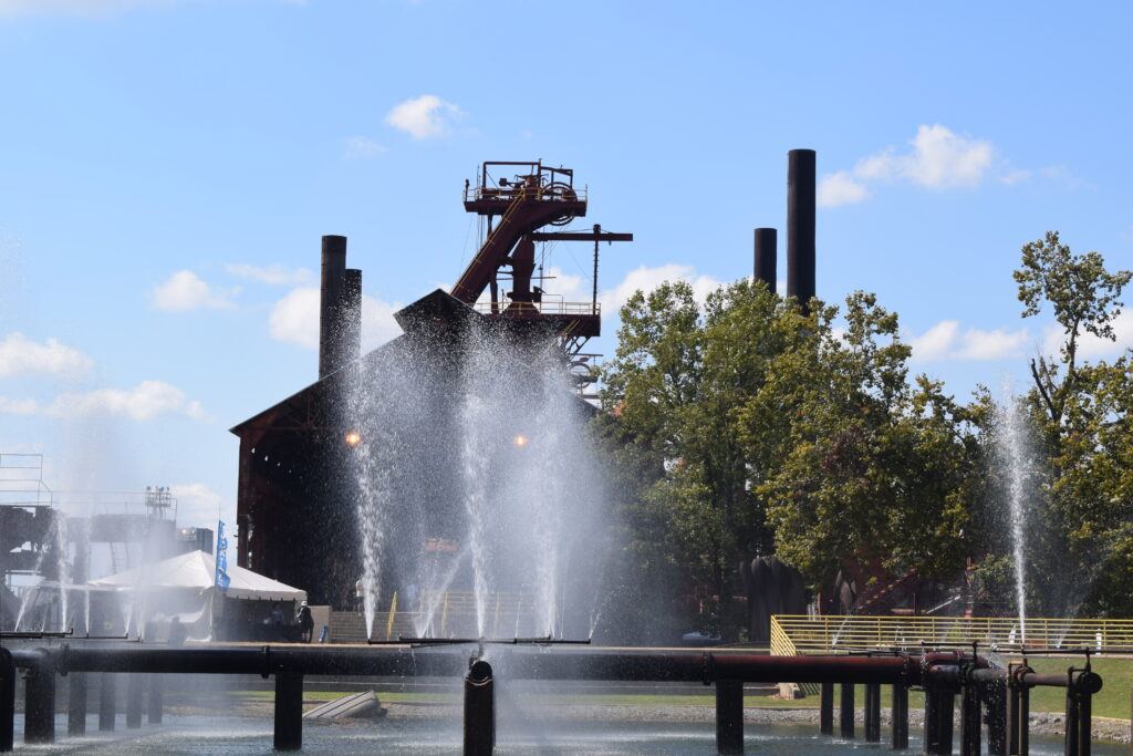 Old blast furnace pipes and walkways inside Sloss Furnaces
