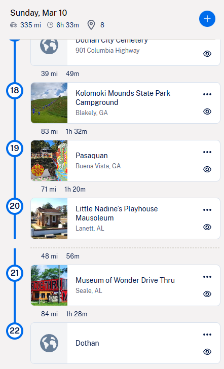 Roadtrippers itinerary list for Alabama Road Trip #1 Day Three, showing numbered stops including cemeteries, historic sites, folk art attractions, and roadside museums.