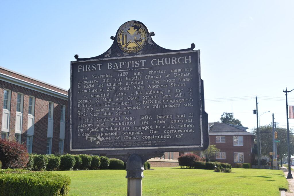 Historical Marker standing in front of First Baptist Church Dothan.