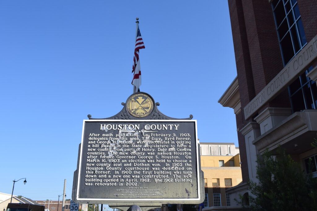 Historical marker in downtown Dothan describing the former Houston County Courthouse and its role in the county’s early history.