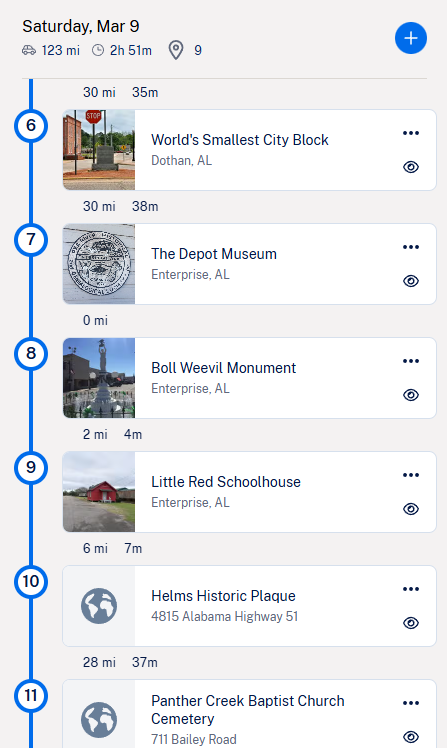 Roadtrippers itinerary for Saturday, March 9, 2024, listing stops 6 through 10 from Alabama Road Trip #1.