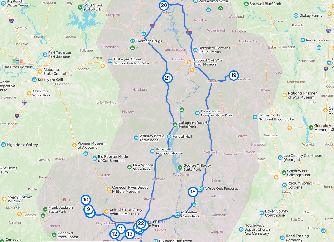 Roadtrippers map showing the Day Three driving route from Dothan, Alabama through southwest Georgia and back, with multiple cemetery, museum, and roadside attraction stops marked along the way.