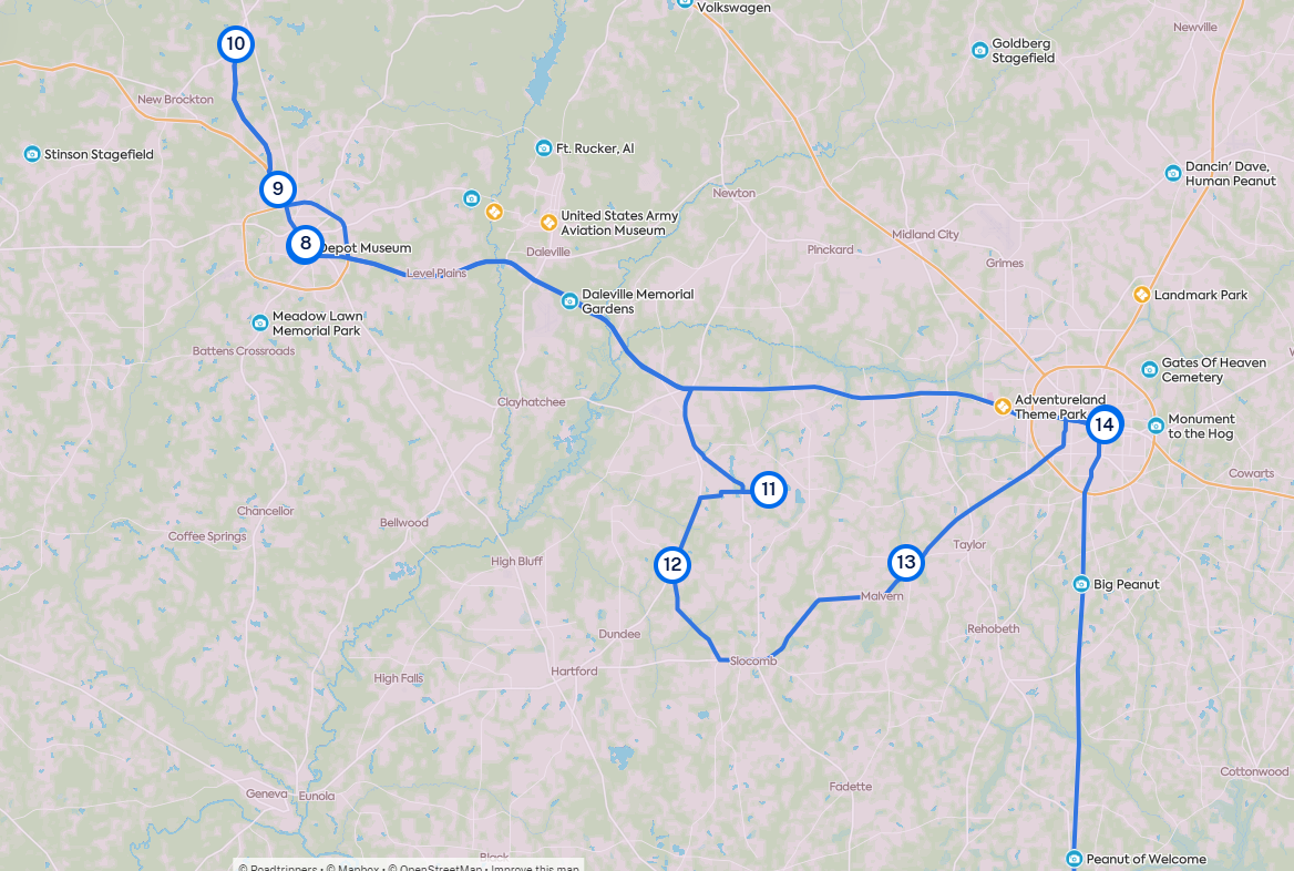 Map of Day Two of Alabama Road Trip #1 showing stops 6 through 14 around Enterprise and Dothan, Alabama.