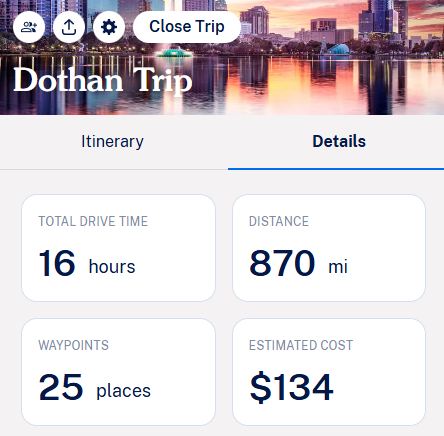 Roadtrippers trip details screen showing total drive time, total distance traveled, number of stops, and estimated cost for the full Alabama Road Trip #1.