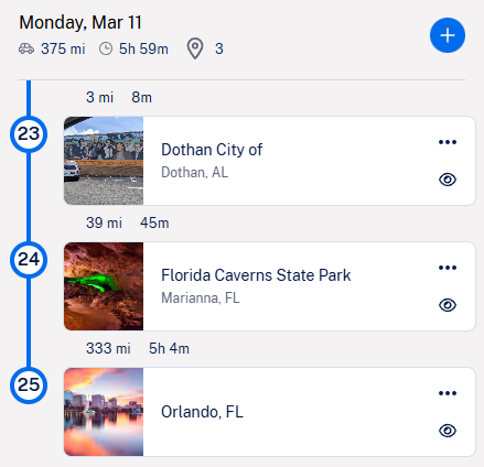 Roadtrippers itinerary for the final day of Alabama Road Trip #1, showing overnight in Dothan, Alabama, a stop at Florida Caverns State Park, and the drive back to Orlando, Florida.