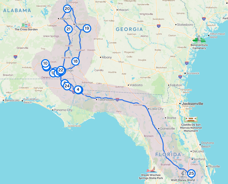 Roadtrippers map showing the full Alabama Road Trip #1 route from Orlando, Florida through Alabama and Georgia, with all 25 stops marked before returning to Orlando.