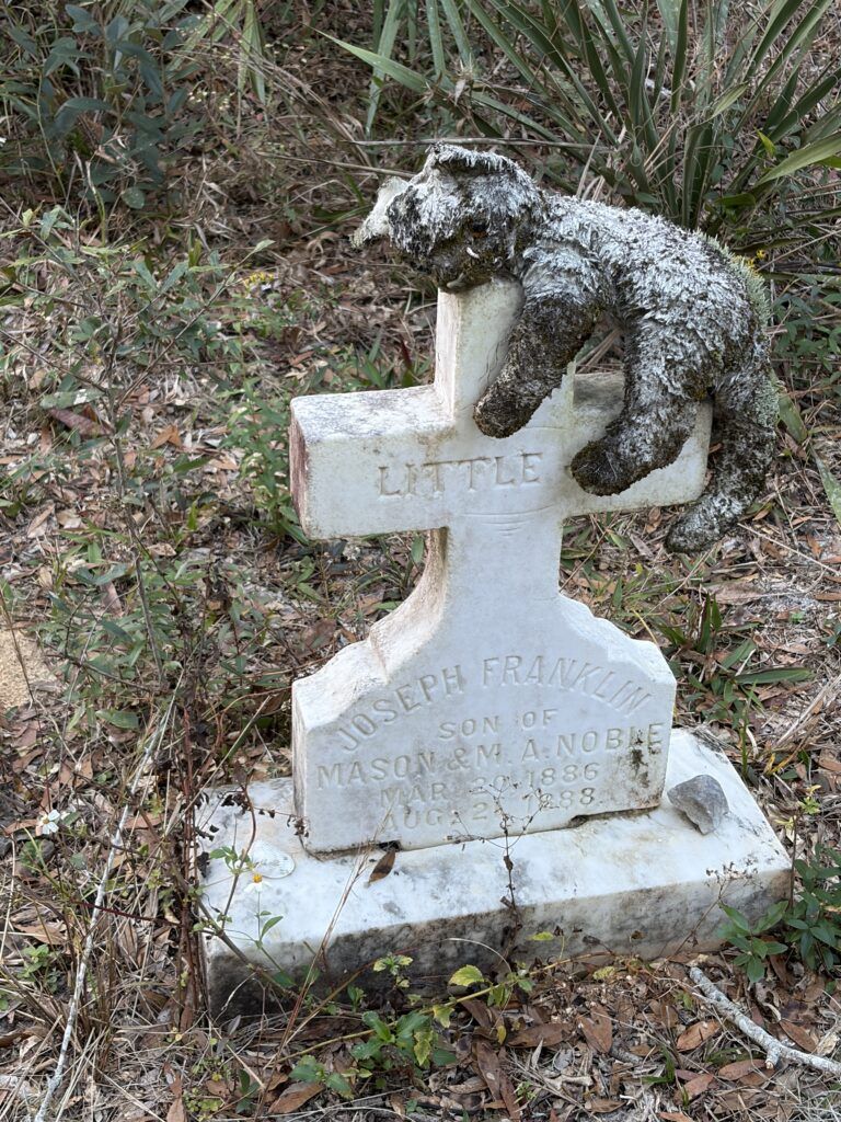 Grave of Joseph Franklin Noble, a child buried at Giddens Homestead Cemetery, marked by a white cross with a weathered stuffed animal resting on top.
