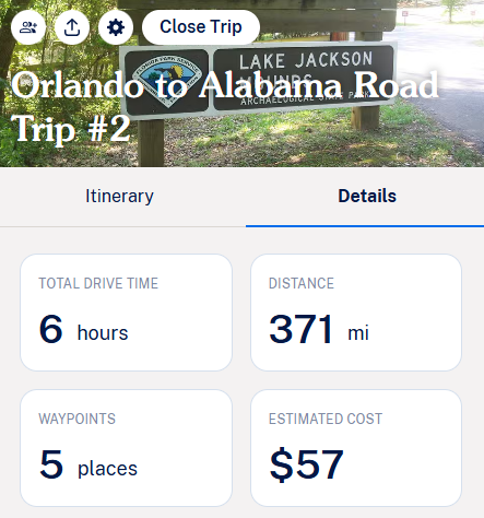 Detailed Roadtrippers trip overview displaying route information, estimated drive times, and stop details for Alabama Road Trip #2.