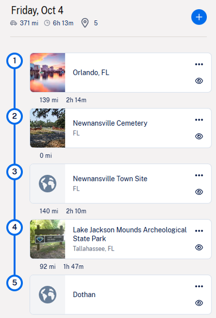 Roadtrippers itinerary screen listing planned stops for Alabama Road Trip #2, including Newnansville and Tallahassee area sites.