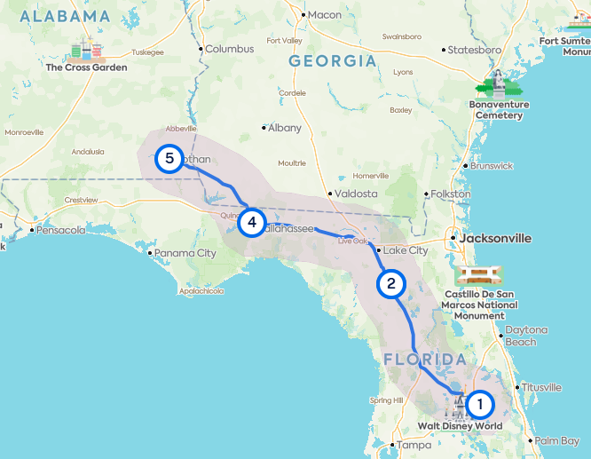 Roadtrippers map showing the driving route from Orlando, Florida to Dothan, Alabama with planned historic and cultural stops along the way.