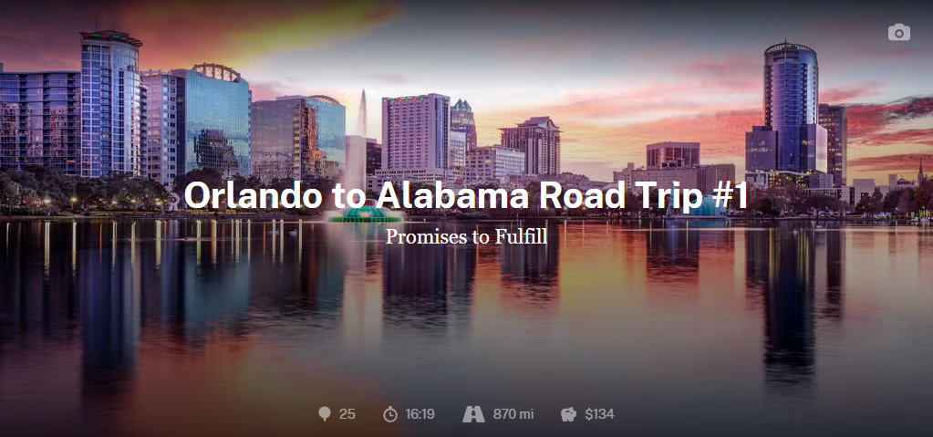 Orlando skyline at sunset reflecting on Lake Eola, representing the starting point for an Orlando to Alabama road trip.