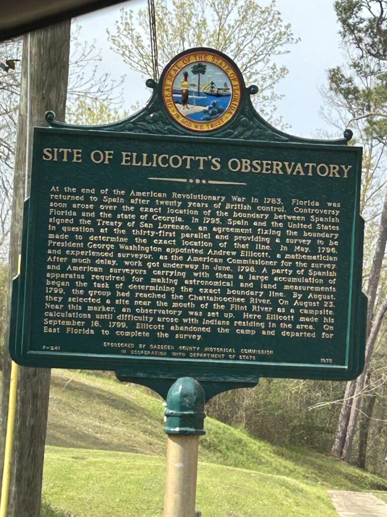 Historical marker for Ellicott’s Observatory near the Chattahoochee River, describing Andrew Ellicott’s 1790s astronomical survey that helped establish the 31st parallel as the southern boundary of the United States.