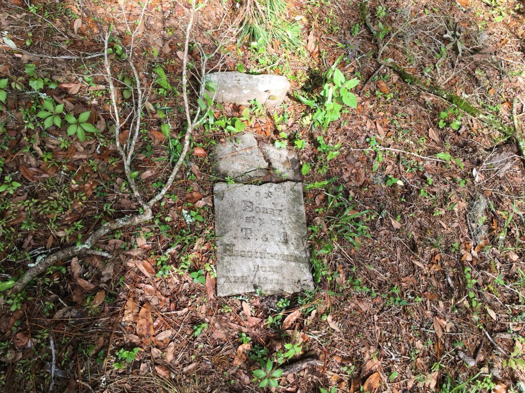 Broken and weathered grave marker lying flat in leaf-covered ground at McGeachy Cemetery, partially obscured by branches and vegetation, with faint, worn lettering still visible on the stone related to T & E Higginbottom.