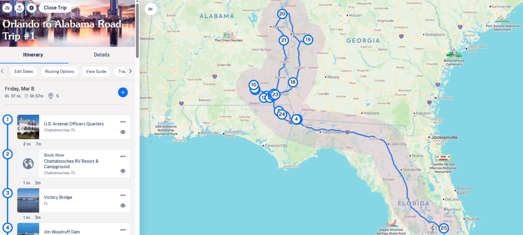 Roadtrippers map showing the full route of an Orlando to Alabama road trip across Florida, Alabama, and Georgia, used to reflect on the completed journey.