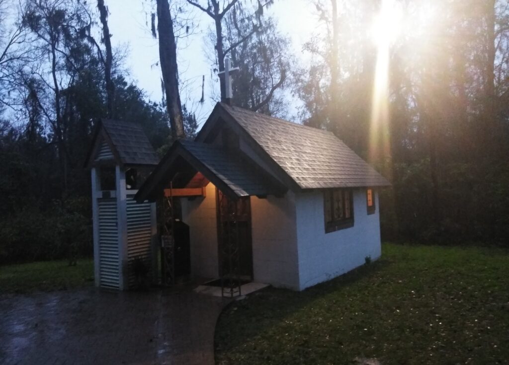 Christ’s Chapel in South Newport, Georgia at dusk in February 2020 after being rebuilt following the 2015 fire