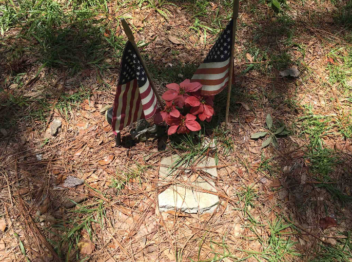 Broken and fragmented headstones at Wild Cow Prairie Cemetery in Sumter County, Florida, marked by small American flags and a red artificial flower resting among pine needles and grass.