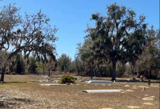 Wide view of Twin Lakes Cemetery in Brooksville, Florida, showing scattered headstones and numerous shallow ground depressions marking unmarked graves.