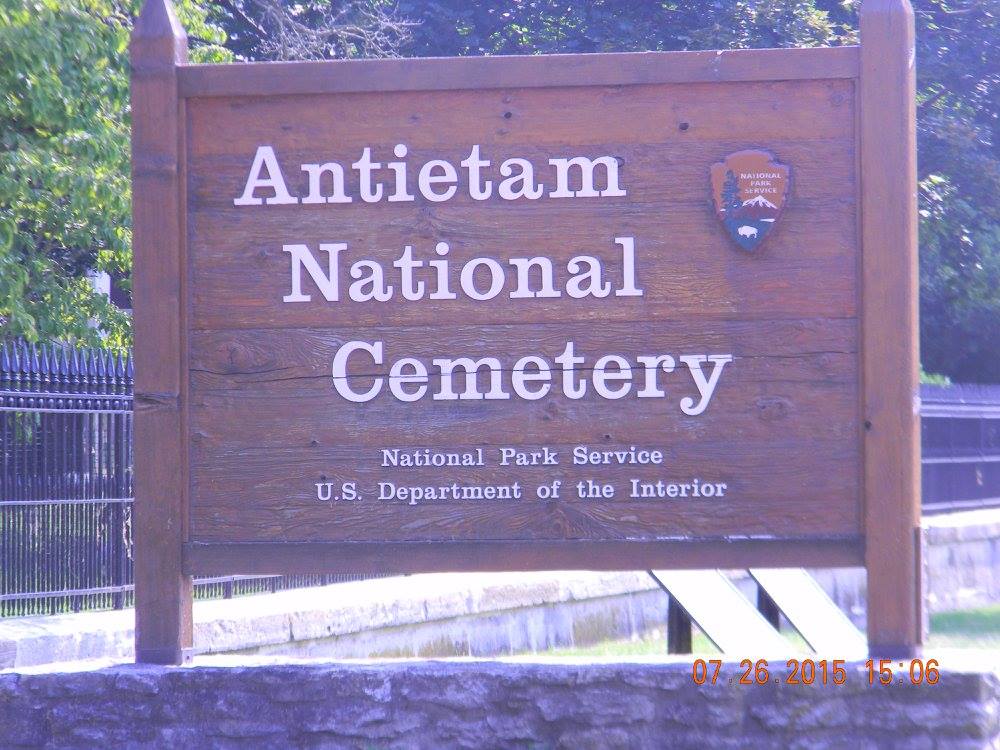 Entrance sign for Antietam National Cemetery in Sharpsburg, Maryland, marking the final resting place of Union soldiers from the Civil War’s bloodiest battle