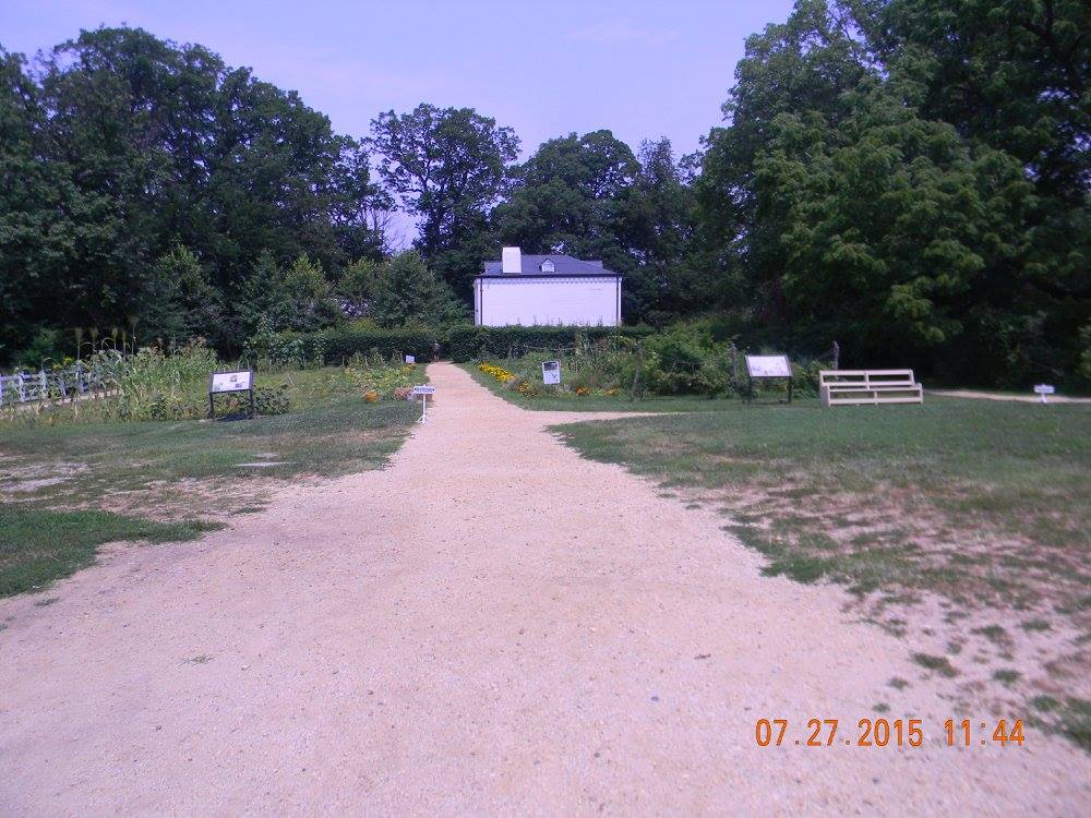 A dirt path leads through a garden toward a small white structure at Arlington House, representing the grounds where Freedman’s Village once stood and new lives began.