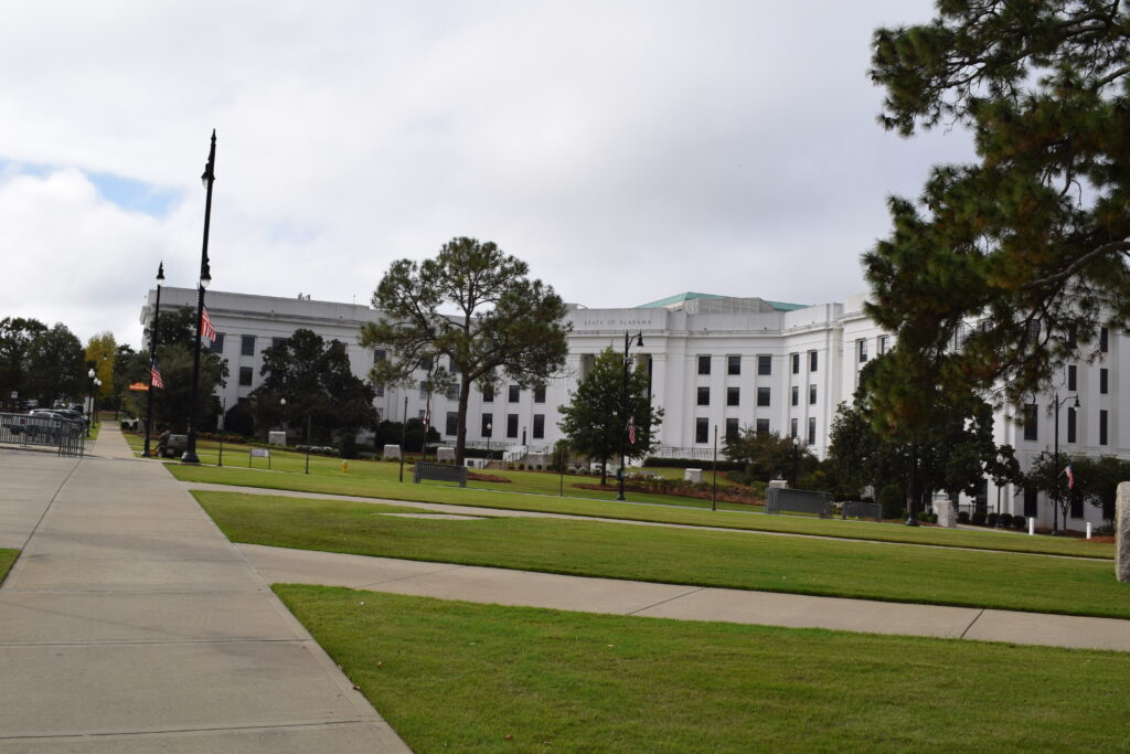 Bicentennial Park in Montgomery Alabama with walking paths and the Alabama State government buildings in the background