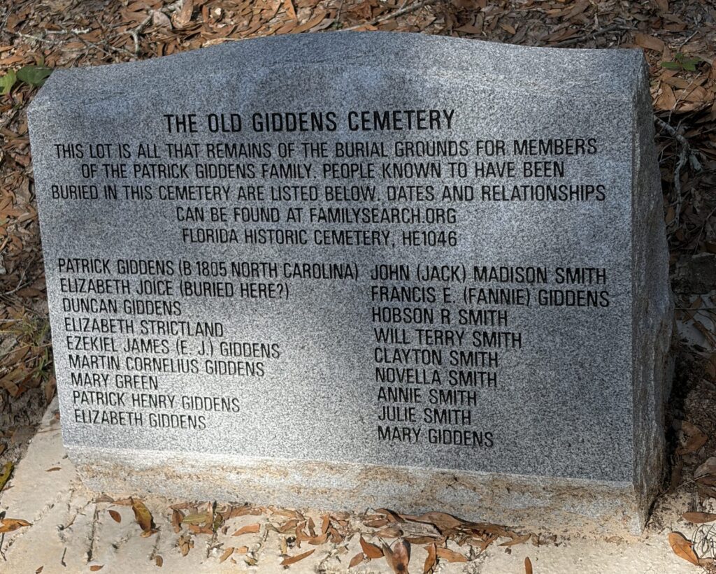Memorial stone at Old Giddens Cemetery in Smith Park, Webster, Florida, listing members of the Giddens and Smith families believed to be buried there