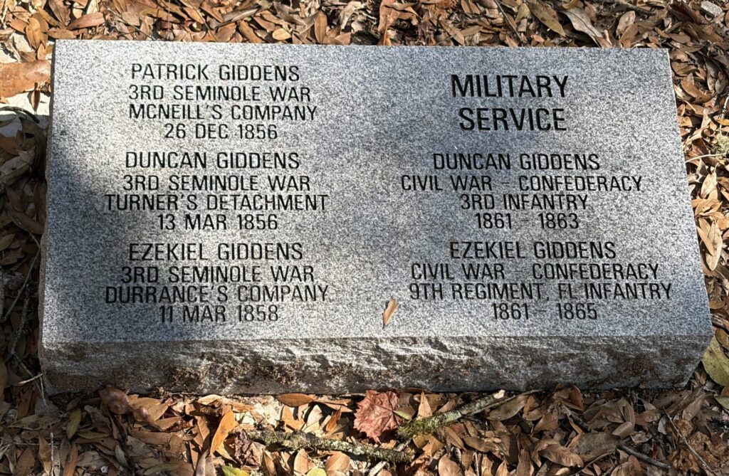 Memorial stone at Old Giddens Cemetery in Smith Park, Webster, Florida, honoring Giddens family members who served in the Seminole Wars and Civil War