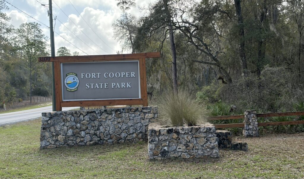Fort Cooper State Park entrance sign in Inverness Florida, historic site from the Second Seminole War