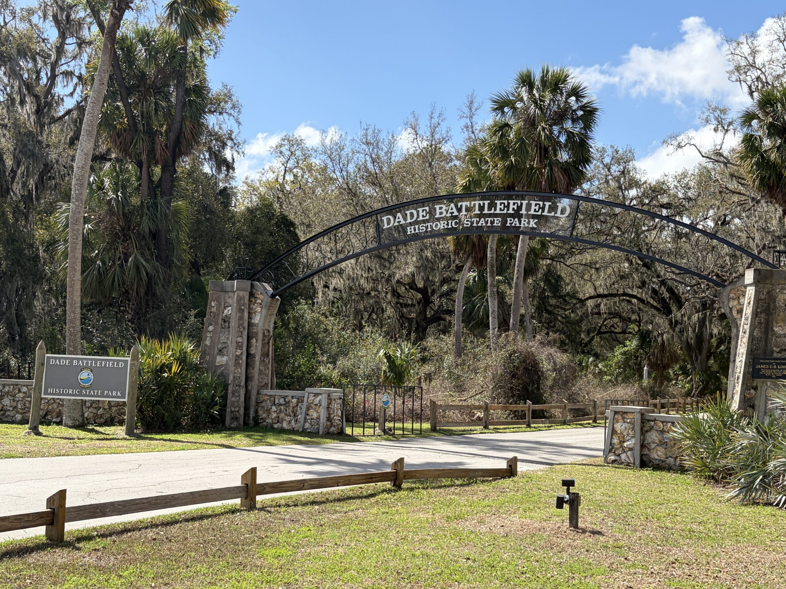 Entrance arch at Dade Battlefield Historic State Park in Bushnell, Florida, the site of the 1835 Dade Massacre that sparked the Second Seminole War.