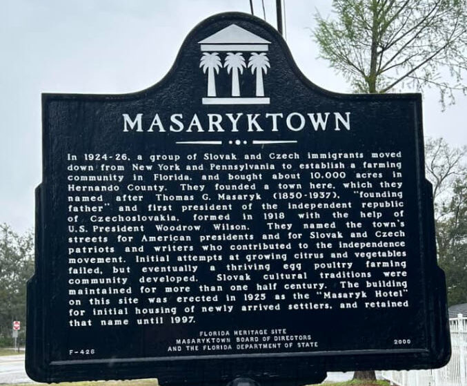 Close-up of the Masaryktown historic marker describing its founding by Czech and Slovak immigrants in Hernando County, Florida