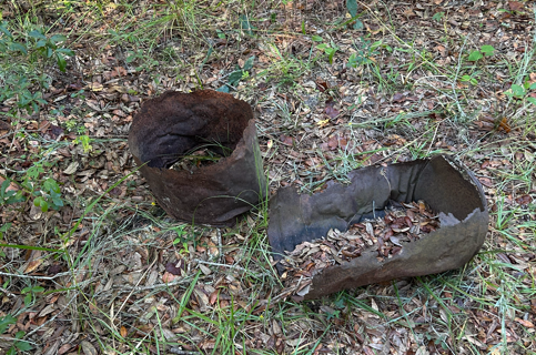 Rusting metal debris in the forest at Croom ghost town, remnants of past industry slowly decaying among grass and leaves