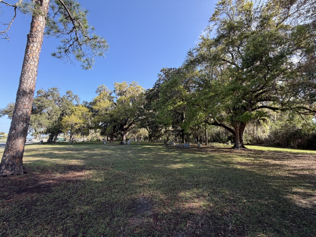 Wide view of Dampier Cemetery in Inverness, Florida showing open grassy spaces beneath large live oak trees, hinting at unmarked graves and lost stories.