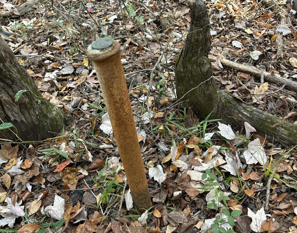 Rusted metal pipe protruding from the ground in the forest at Croom ghost town, an unexplained relic among fallen leaves