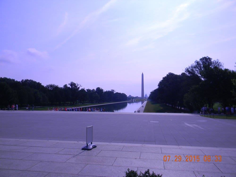 View from the steps of the Lincoln Memorial overlooking the Reflecting Pool and Washington Monument on the National Mall in Washington, D.C.