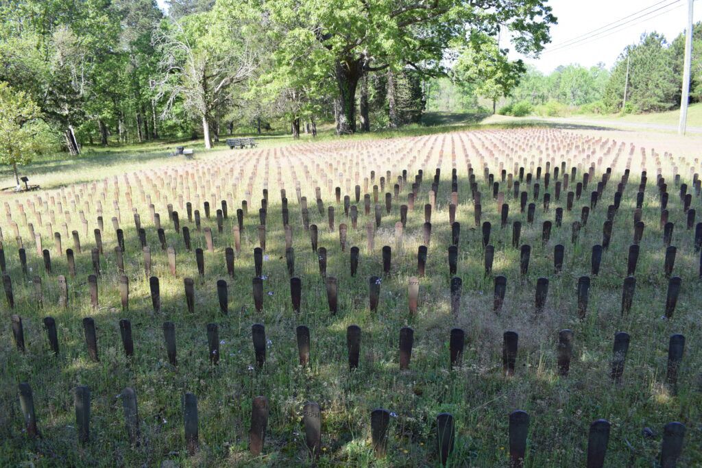Hundreds of numbered grave markers fill the patient cemetery at Central State Hospital in Milledgeville, Georgia.