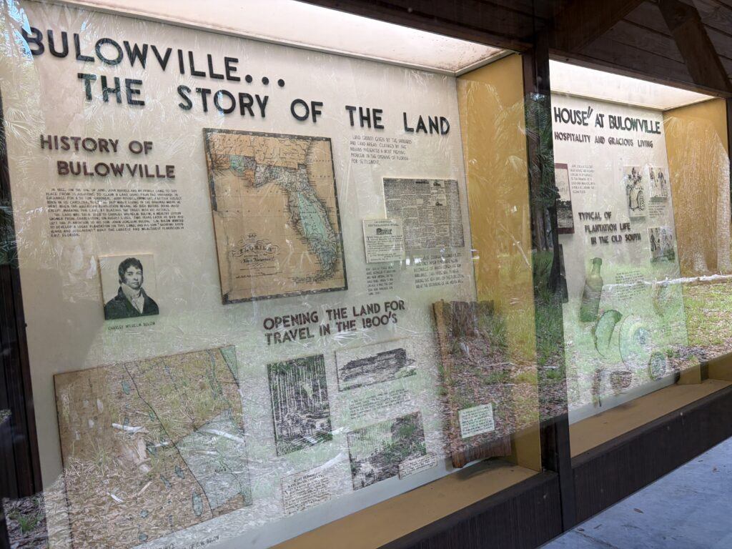 Interpretive exhibit panels at Bulow Plantation Ruins Historic State Park explaining the history of Bulowville, the plantation, and early Florida settlement.