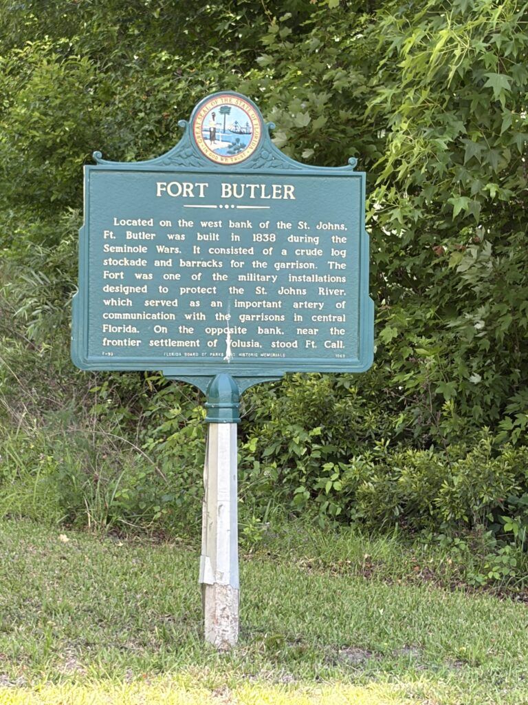 Florida Historical Marker commemorating Fort Butler, a vanished Seminole War fort near the St. Johns River in Astor, Florida.