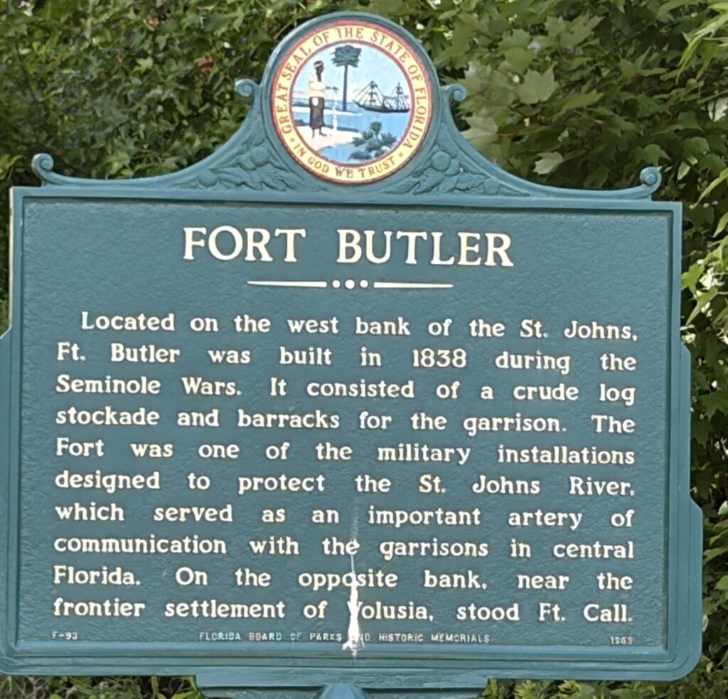 Historic Florida marker for Fort Butler, a Seminole War fort built in 1838 along the St. Johns River near Astor, Florida.