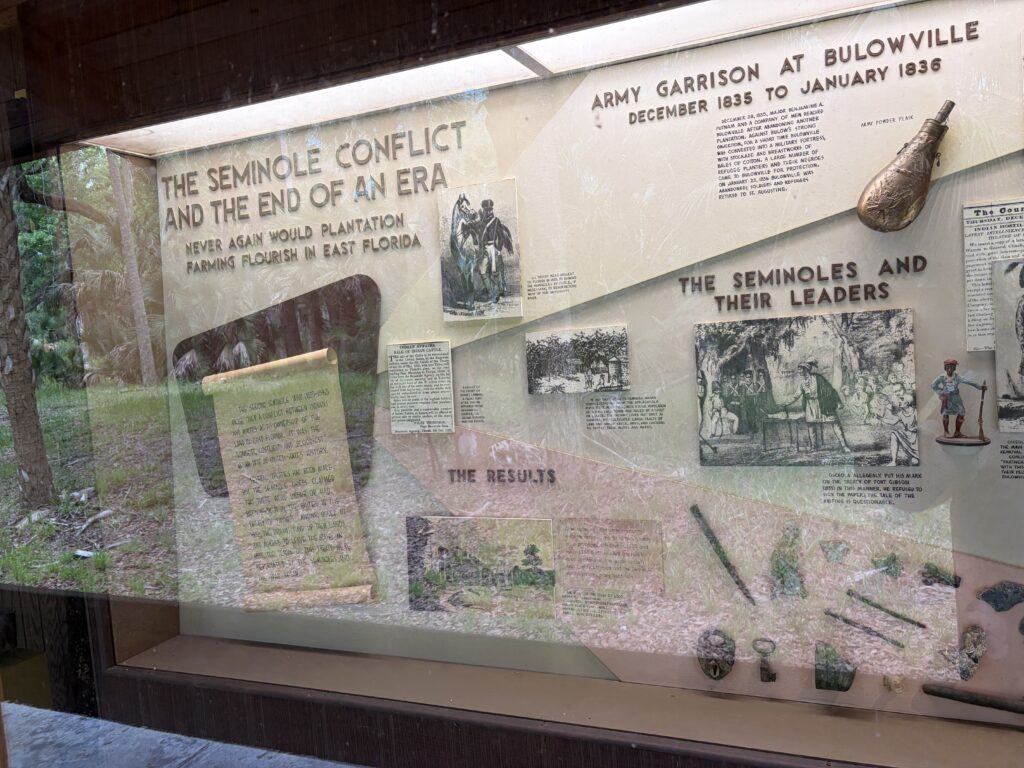 Interpretive display at Bulow Plantation Ruins Historic State Park explaining the Second Seminole War, the military occupation of Bulowville, and the plantation's destruction in 1836.