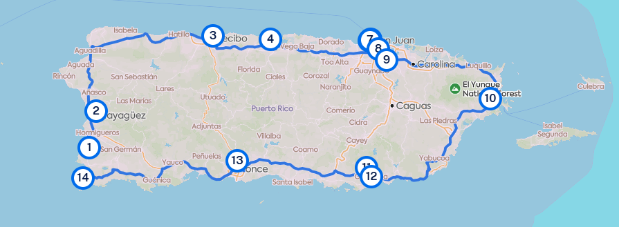 Road map of the original Puerto Rico travel itinerary planned for a month-long family trip, highlighting historic sites, beaches, caves, and landmarks across the island before unexpected events changed the journey.