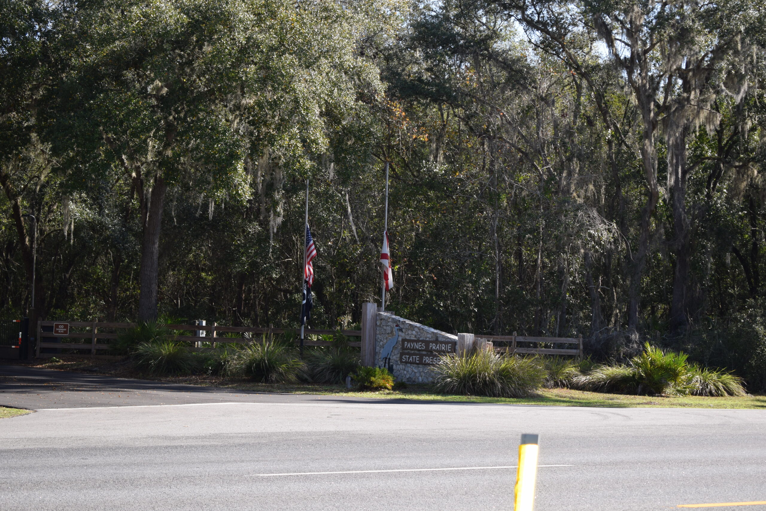 Entrance sign for Paynes Prairie Preserve State Park surrounded by oak trees and Spanish moss near Micanopy, Florida.