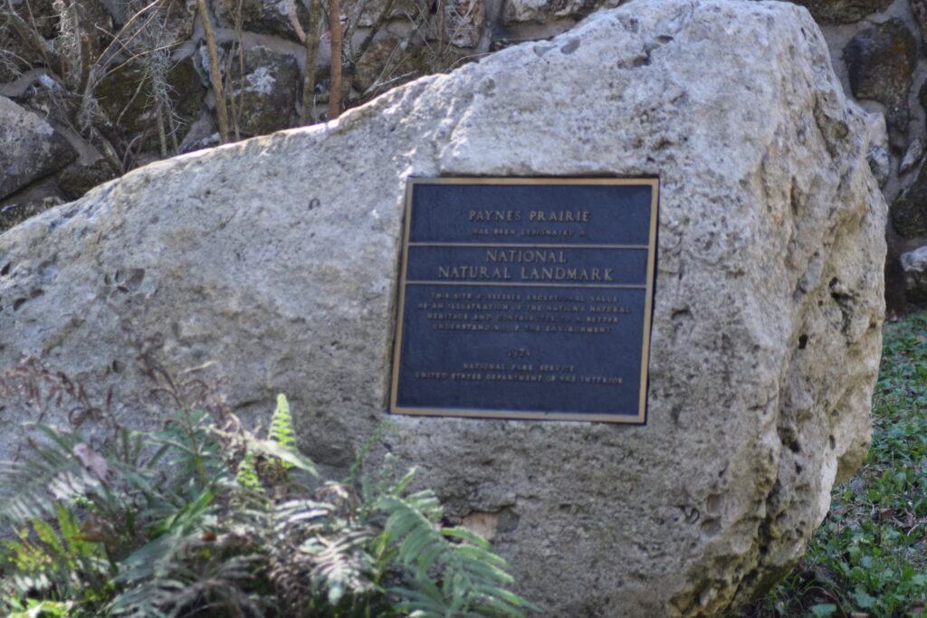 National Natural Landmark plaque at Paynes Prairie Preserve State Park commemorating its 1974 designation.