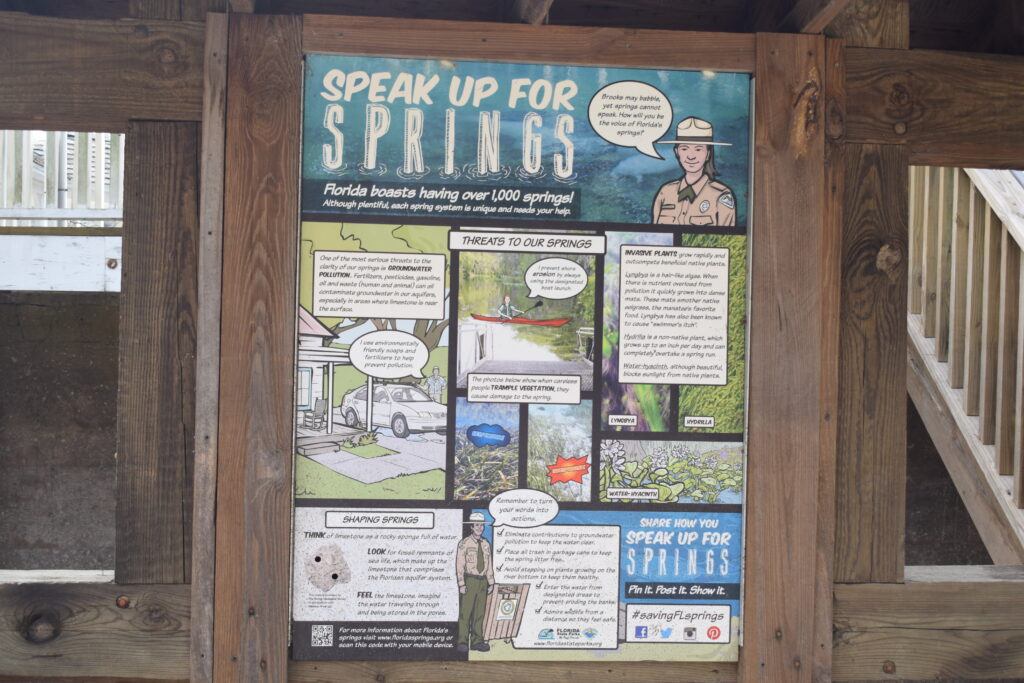 Speak Up for Springs educational sign about protecting Florida springs from pollution, invasive plants, and environmental damage at White Springs, Florida.