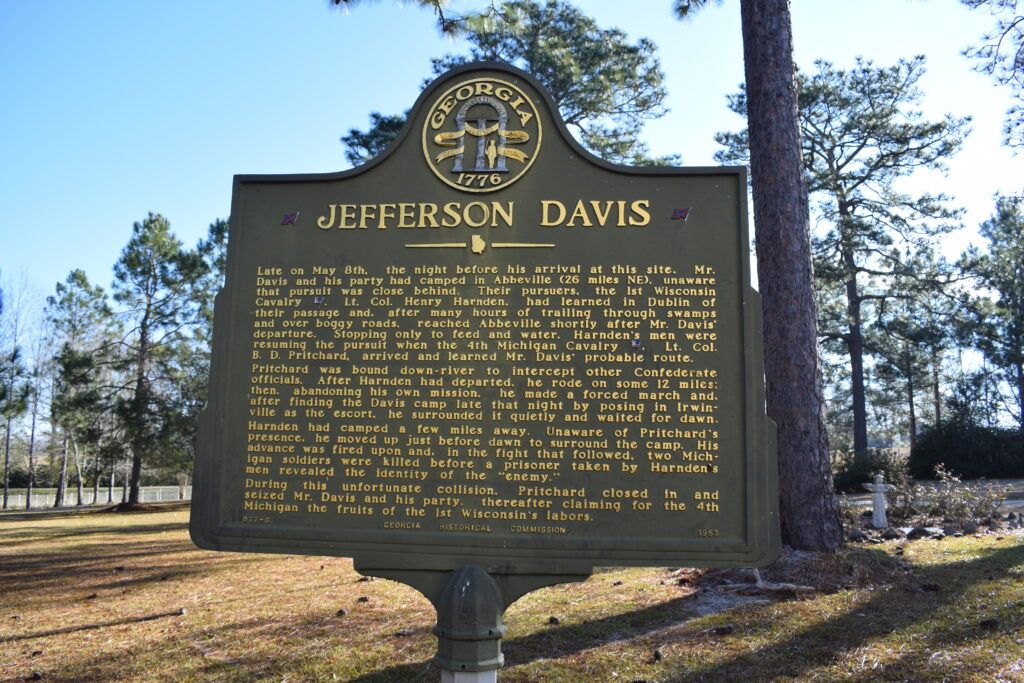 Georgia historical marker at the Jefferson Davis Memorial Historic Site in Irwinville, marking the location where Confederate President Jefferson Davis was captured in May 1865.