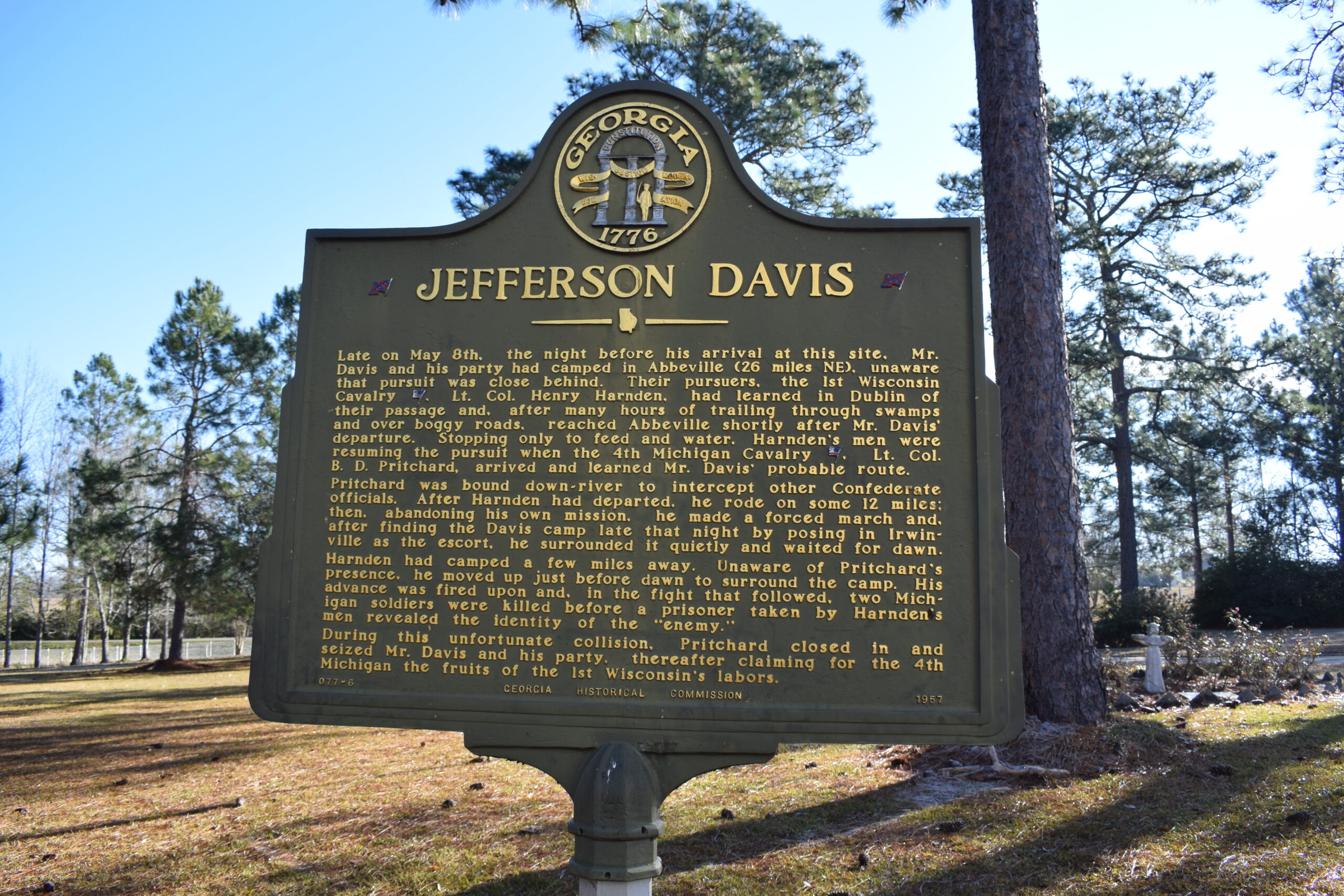 Georgia historical marker at the Jefferson Davis Memorial Historic Site in Irwinville, marking the location where Confederate President Jefferson Davis was captured in May 1865.
