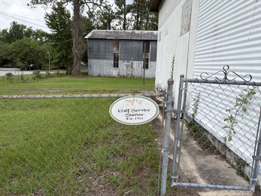 Gulf Service Station Est. 1955 sign on the property that later became Dead People’s Things for Sale in Woodbine, Georgia