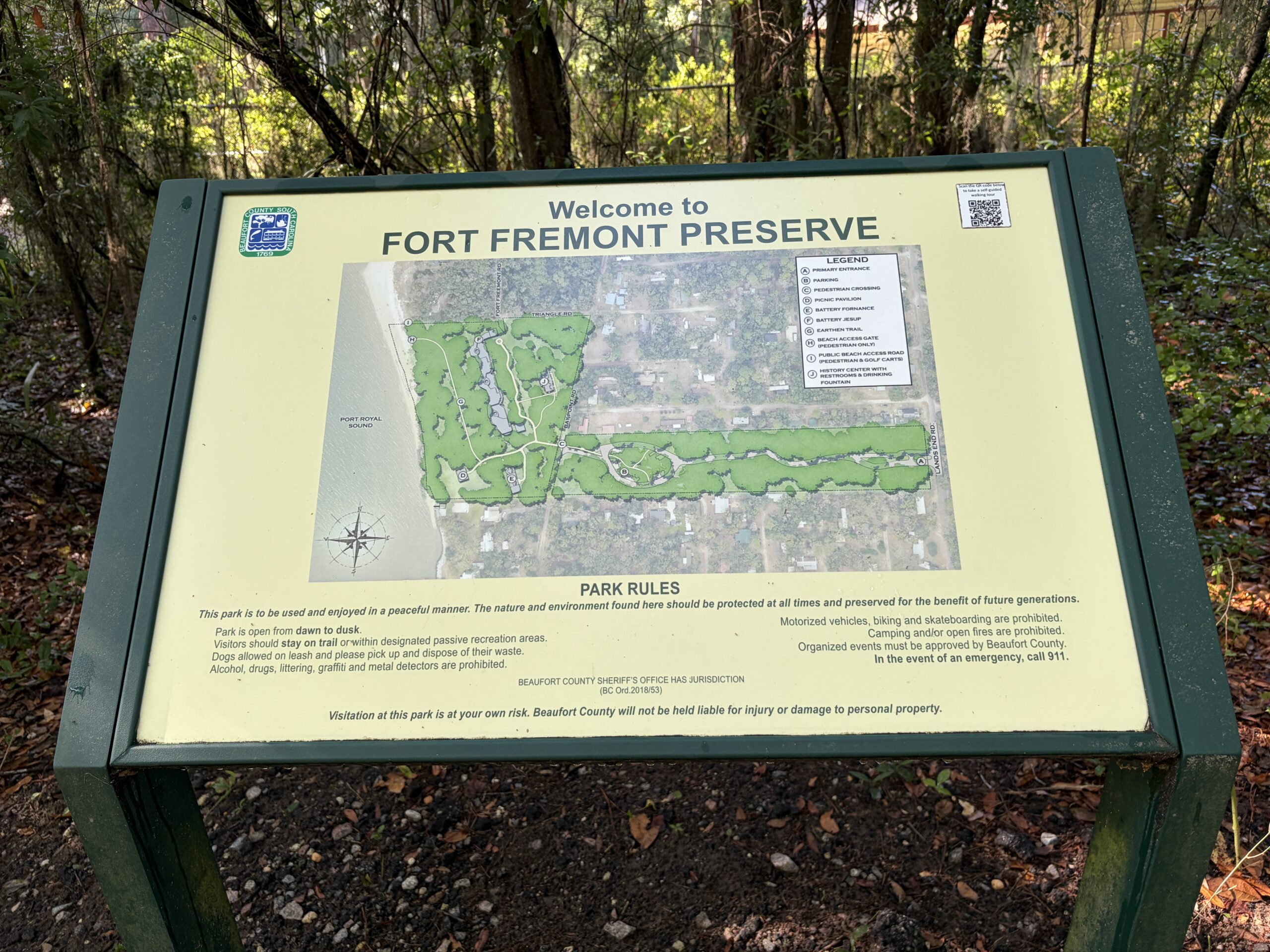 Fort Fremont Preserve map and welcome sign on St. Helena Island, South Carolina.